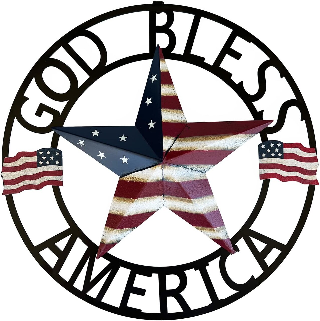 God Bless America Metal Star Hanging Welcome Signs Wall Decor Front Door Wreaths Garden Fence Patio Porch Yard Indoor Outdoor Patriotic Decorations 13''H